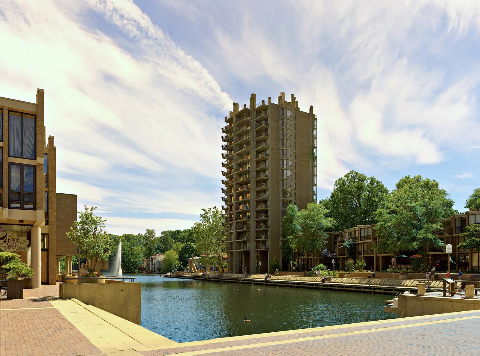 The fountain and lakefront plaza at Lake Anne Village Center in Reston, home of the Saturday farmers market