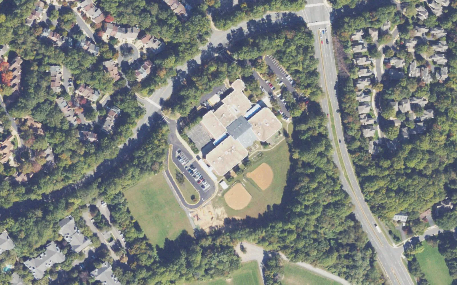 Aldrin Elementary School on Center Harbor Road in north Reston, with its ball fields and playing field, seen from the air