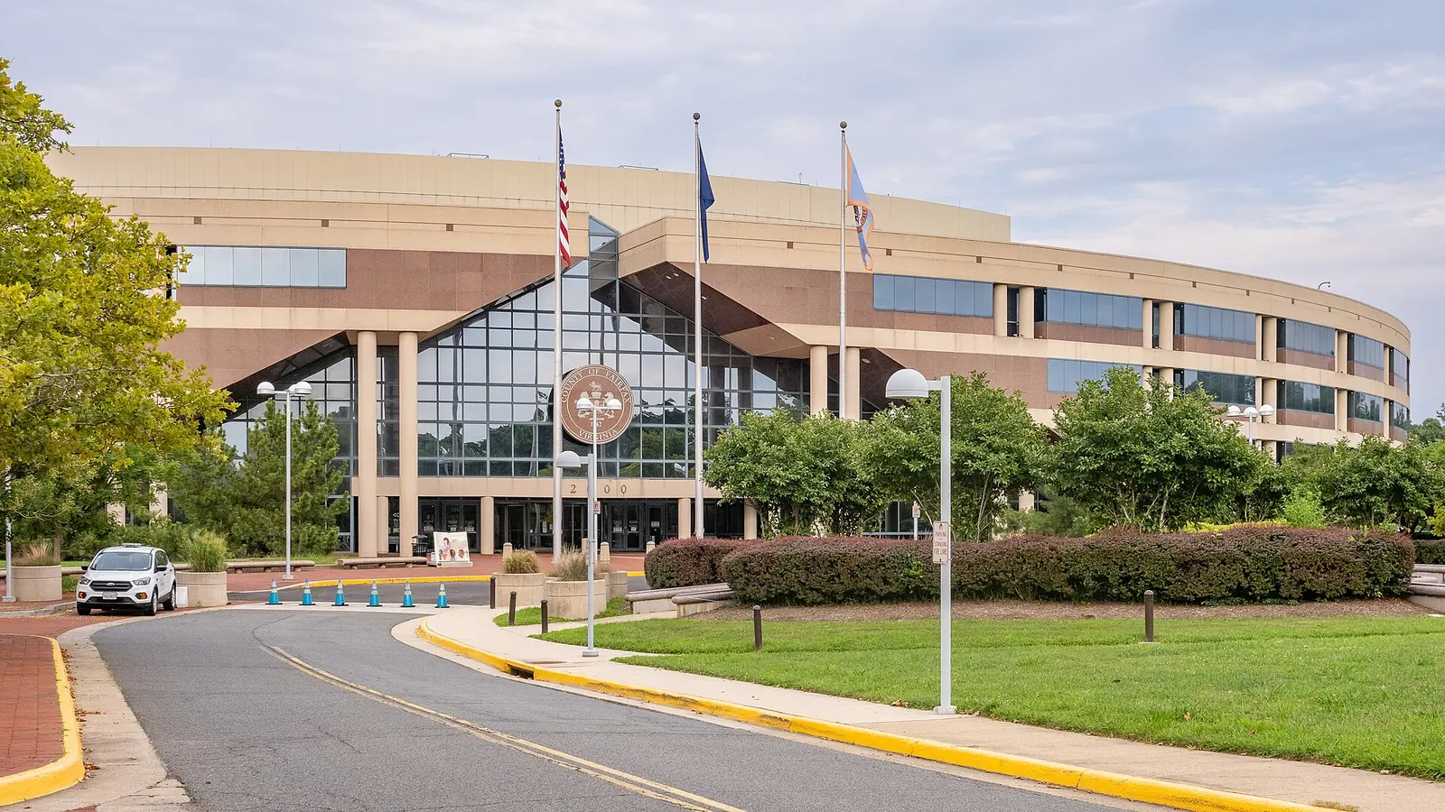 The curved front of the Fairfax County Government Center in Fairfax, seat of the county government that serves Reston
